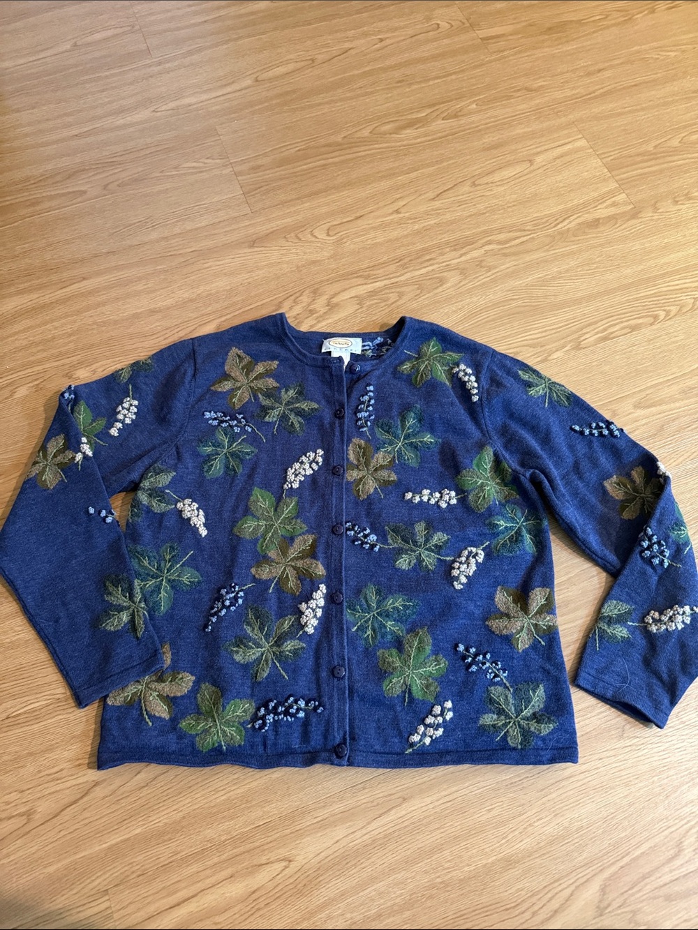 Talbots Women’s Petite Navy Floral/Leaves Embroidered Pretty Fall Cardigan